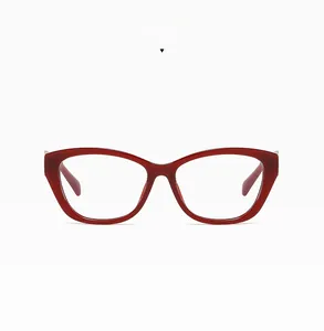Macro detail of cat-eye eyewear frame in translucent jelly red with silver ornaments