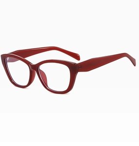 Detailed side view of cat-eye wine red eyeglasses frame with high-quality resin finish