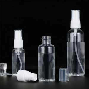 Clear PET plastic spray bottles in 30ml 50ml and 100ml sizes on a black background