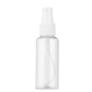 Transparent PET plastic spray bottle with white mist pump and cap for travel cosmetics