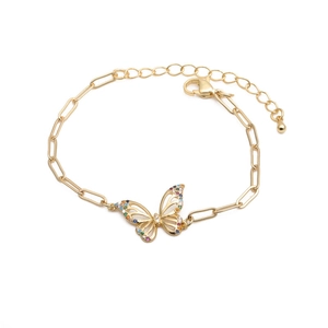 Bracelet papillon hip-hop plaqué or avec zircons colorés et chaîne trombone moderne