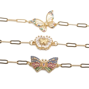 Hip hop butterfly bracelet with micro-paved cubic zirconia on a gold paperclip chain