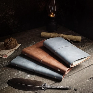 Close-up of retro leather notebooks in blue and brown with feather pen and vintage props