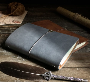 Retro faux leather notebooks in blue and brown with elastic bands on a wooden desk
