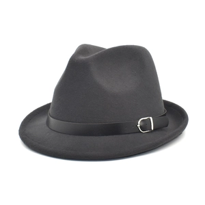 Detail of dark grey wool fedora hat featuring black leather band and silver metal buckle