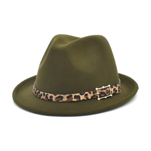 Detail of army green wool fedora hat featuring leopard print band and gold buckle