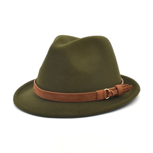 Detailed view of olive green wool fedora with brown suede band and metal buckle