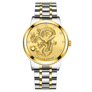 Business quartz watch with golden dragon relief and diamond-set dial on two-tone steel band