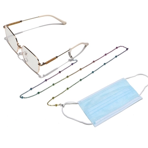 Multicolor beaded eyewear chain in gold finish with silicone loops and metal hooks