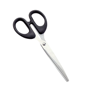 Durable black handled stainless steel household scissors on a clean white background