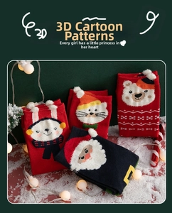Detailed view of festive Christmas socks featuring 3D plush cartoon Santa and animals