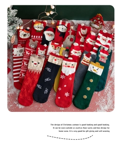 Detail of assorted Christmas socks featuring 3D cartoon Santa and reindeer decorations