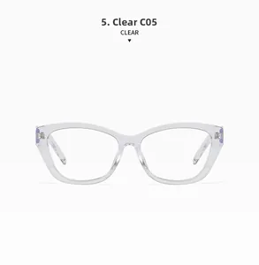 Detail view of bright transparent cat-eye glasses frame with sleek clear finish C05