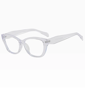 Detail view of transparent cat-eye frame hinge and temple size marking 54[]15-140