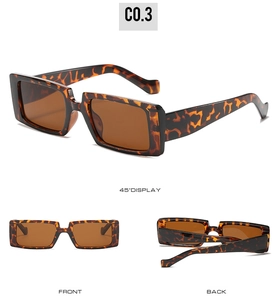 Drei-Ansichten-Layout der Retro-Rechteck-Sonnenbrille in Schildpattoptik mit Detailwinkeln