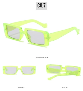 Mehrere Ansichten einer neongrünen rechteckigen Sonnenbrille mit transparentem Rahmen