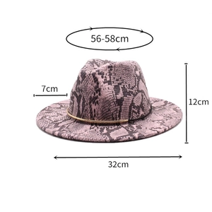 Detailed size chart for pink snake skin wool felt fedora hat with gold metal band
