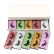 Set of 10 pairs of 3D faux mink eyelashes with colorful glitter background packaging