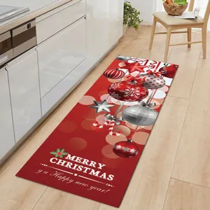 Detail of red festive Christmas flannel rug with holiday ornaments on kitchen floor