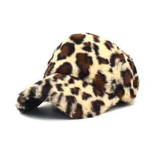 Detailed view of the leopard print plush baseball cap with fluffy texture and faux fur