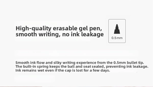 Detailed diagram of 0.5mm erasable gel pen featuring a leak-proof spring design