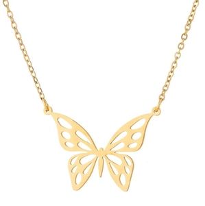Detailed close-up of hollow butterfly pendant in polished gold stainless steel finish