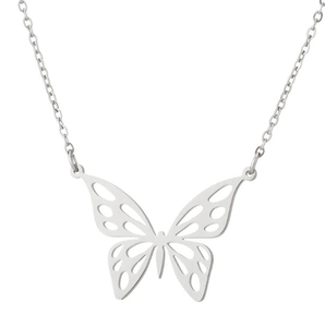 Detailed close-up of a silver hollow butterfly pendant on a polished stainless steel chain