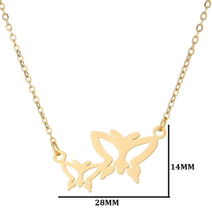 Detail view of gold butterfly pendant with size measurements 28mm width and 14mm height