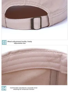 Detail of adjustable bronze metal buckle and inner sweatband on cotton flat top cap