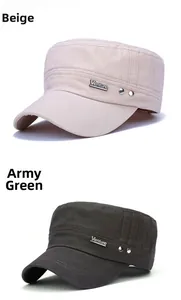 Detailed side view of military flat top cap with Venture metal tag and twin rivets
