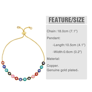 Detailed view of adjustable gold plated evil eye bracelet showing 18cm chain and dimensions