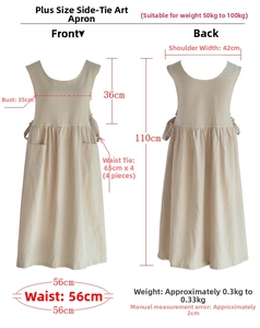 Detailed size chart for the plus-size cotton apron with measurements and side tie design