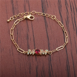 Hip hop gold MOM bracelet with micro-paved zircons and red center stone for Mother's Day