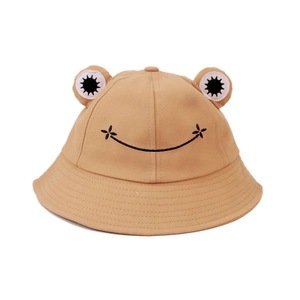 Detail view of khaki children frog bucket hat featuring cute 3D ears and smiley face