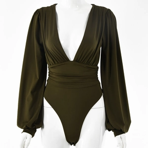 Women's deep V-neck long sleeve bodysuit in olive green with ruched waist detail