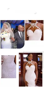 Dettagli dello scollo all'americana e del pizzo floreale su un abito da sposa a sirena aderente