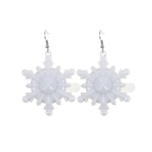 Detailed close-up of white snowflake-shaped earrings with silver-tone metal hooks