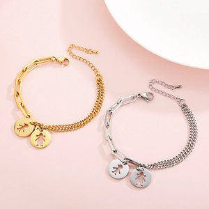 Stainless Steel Spliced Paperclip Curb Chain Bracelet Boy Girl Hollow Round Charm Adjustable Jewelry For Women