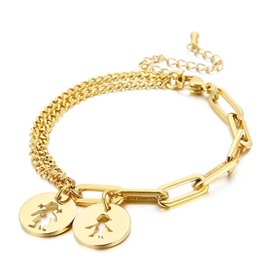 Gold paperclip chain bracelet featuring hollow boy and girl pendants on double strands