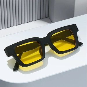 Retro rectangle thick frame sunglasses with matte black finish and yellow transparent lenses