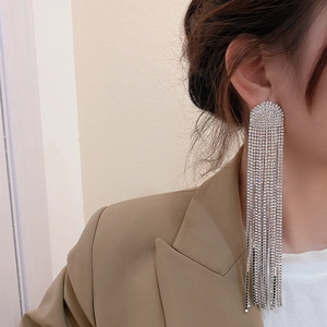 Detail of silver long tassel earrings with sparkling rhinestones on an elegant model