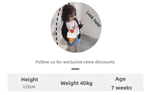 Size chart for girls' white t-shirt and denim shorts with ice cream crossbody bag
