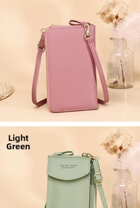 Vertical PU leather phone bags in pink and light green with gold zippers and slim straps