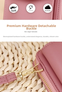 Detail of pink PU leather phone bag featuring a detachable gold-plated metal clasp