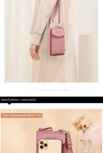 Vertical pink crossbody phone bag with litchi texture and gold Forever Young logo