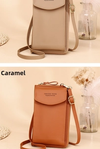 Vertical mini crossbody phone bag in caramel synthetic leather with zipper closure