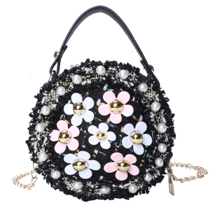 Cute black tweed round crossbody bag with pink 3D flowers and pearl trim for girls