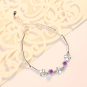 Elegant S925 sterling silver four-leaf clover bracelet with purple zircon and bamboo chain