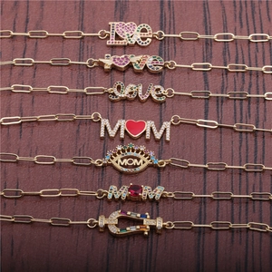 Hip hop gold bracelet set featuring MOM and LOVE letter charms with micro-pave zircons