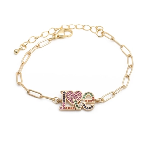 Golden paperclip chain bracelet with rainbow zircon LOVE charms and lobster clasp